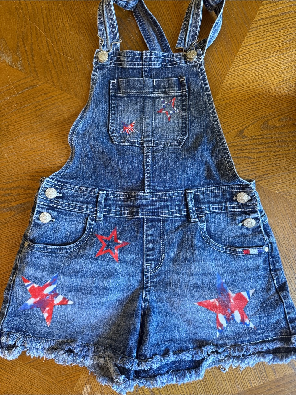 Jordache Blue Denim Short Overalls with Red Star Accents